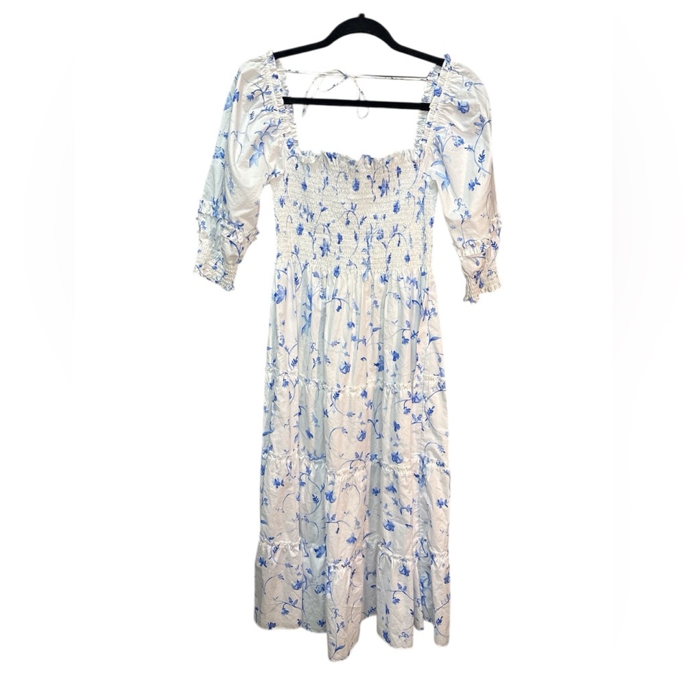 Hill House Home Nesli Nap Dress Blue Botanical Smocked Midi MSRP $175 XS - Picture 2 of 5